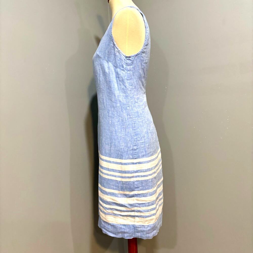 Talbots Blue Linen Shift Dress Striped Hem Sleeveless Lined Breathable, Size 4P - Picture 4 of 8
